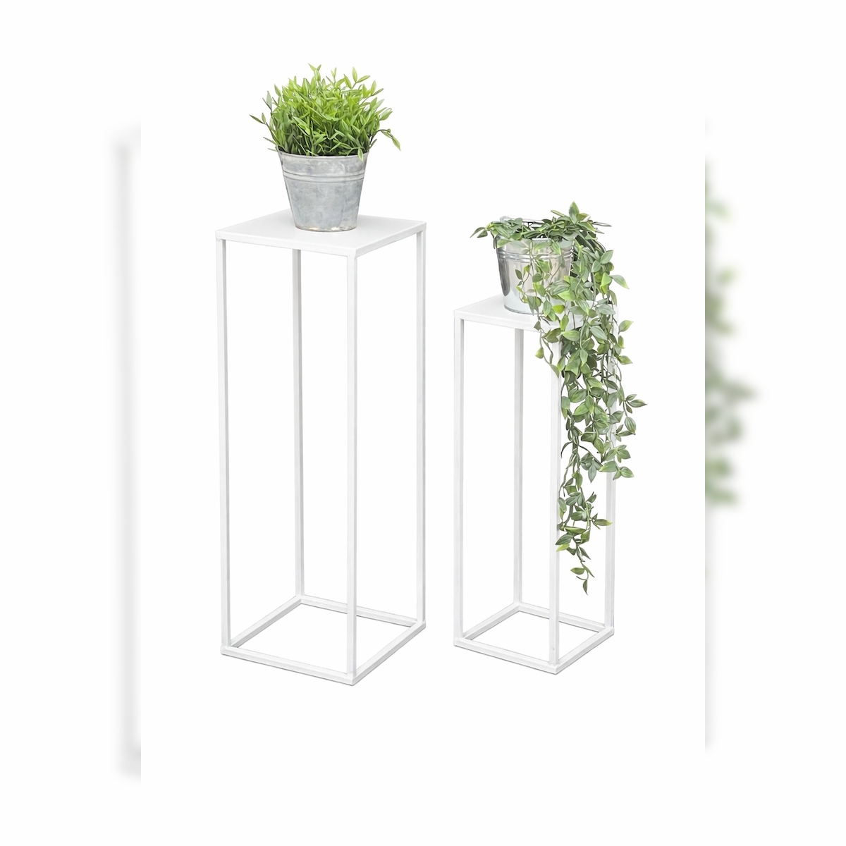 DanDiBo Blumenhocker Metall Weiß Eckig Blumenständer Beistelltisch 96482 2er Set Blumensäule Modern Pflanzenständer Pflanzenhocker Image