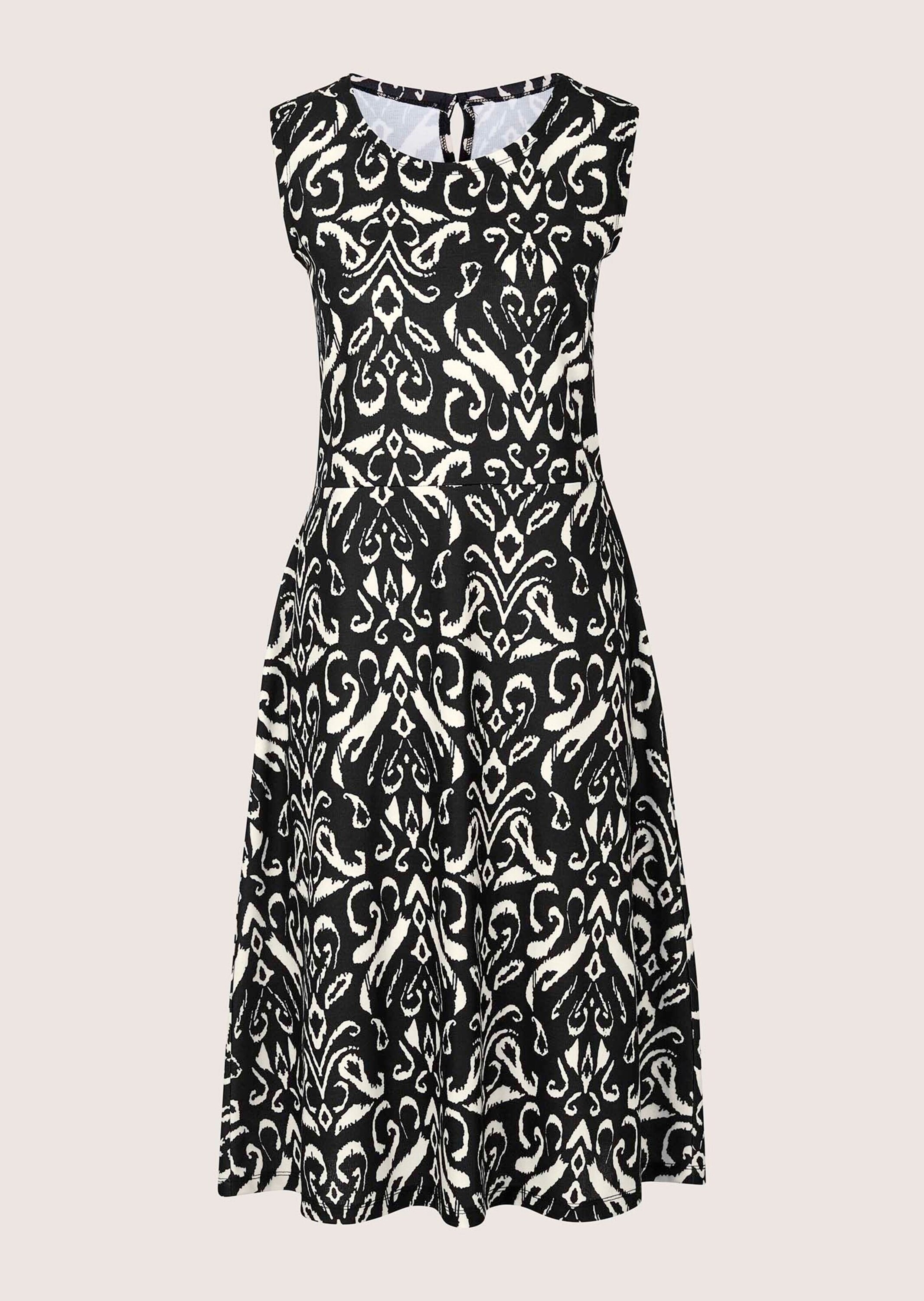 Midikleid MADELEINE "Midikleid Sommerkleid mit Unikat-Print", Damen, Gr. 38, N-Gr, schwarz (schwarz, weiß), Obermaterial: 60% Polyester PES. 32% Viskose CV. 8% Elasthan EL., Modern, A-Linie, Kleider Midikleid, Taillieungsnaht