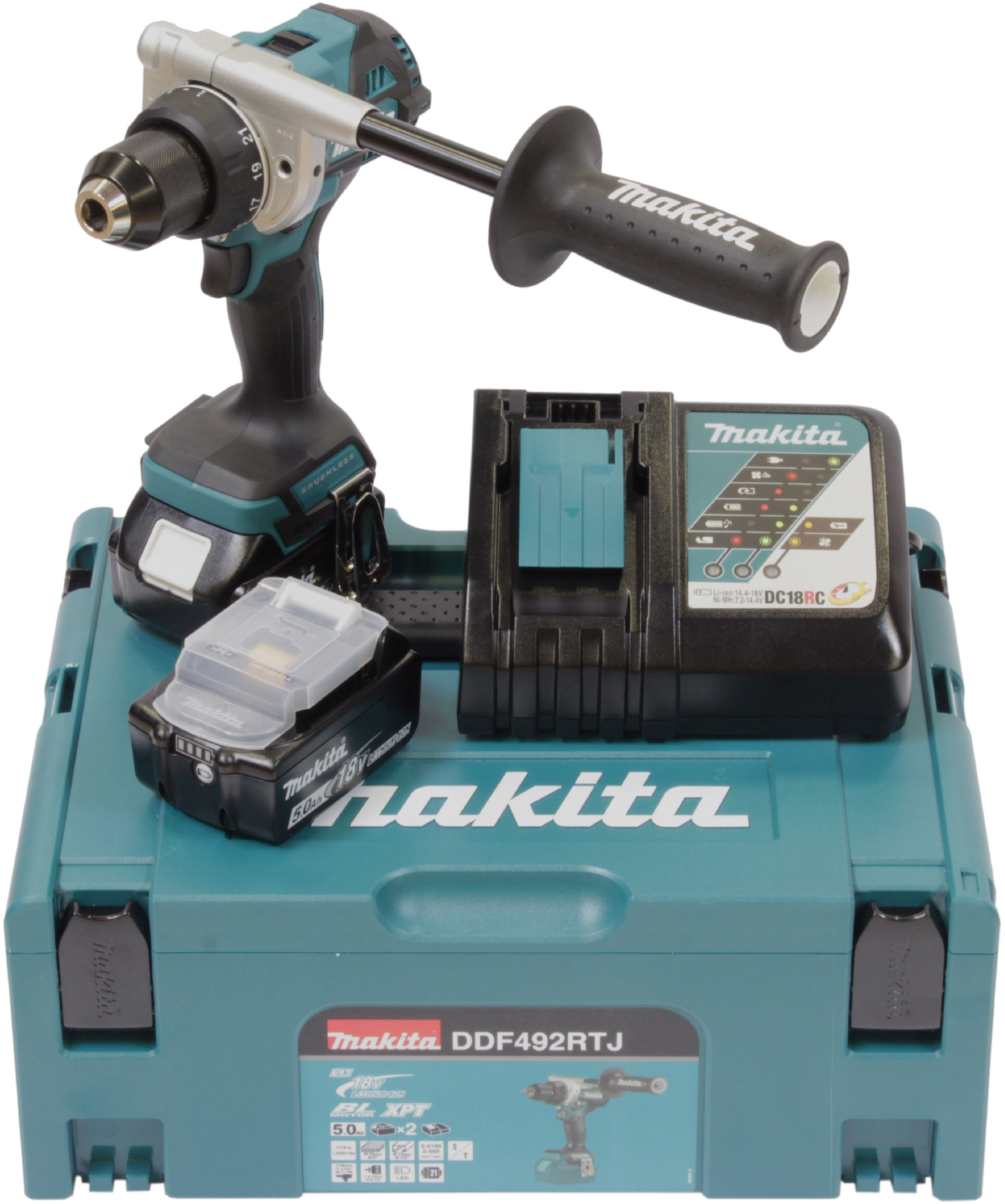 Akku-Bohrschrauber MAKITA "DDF492RTJ", petrol, Bohrmaschinen, inkl. 2 Akkus und Ladegerät Image