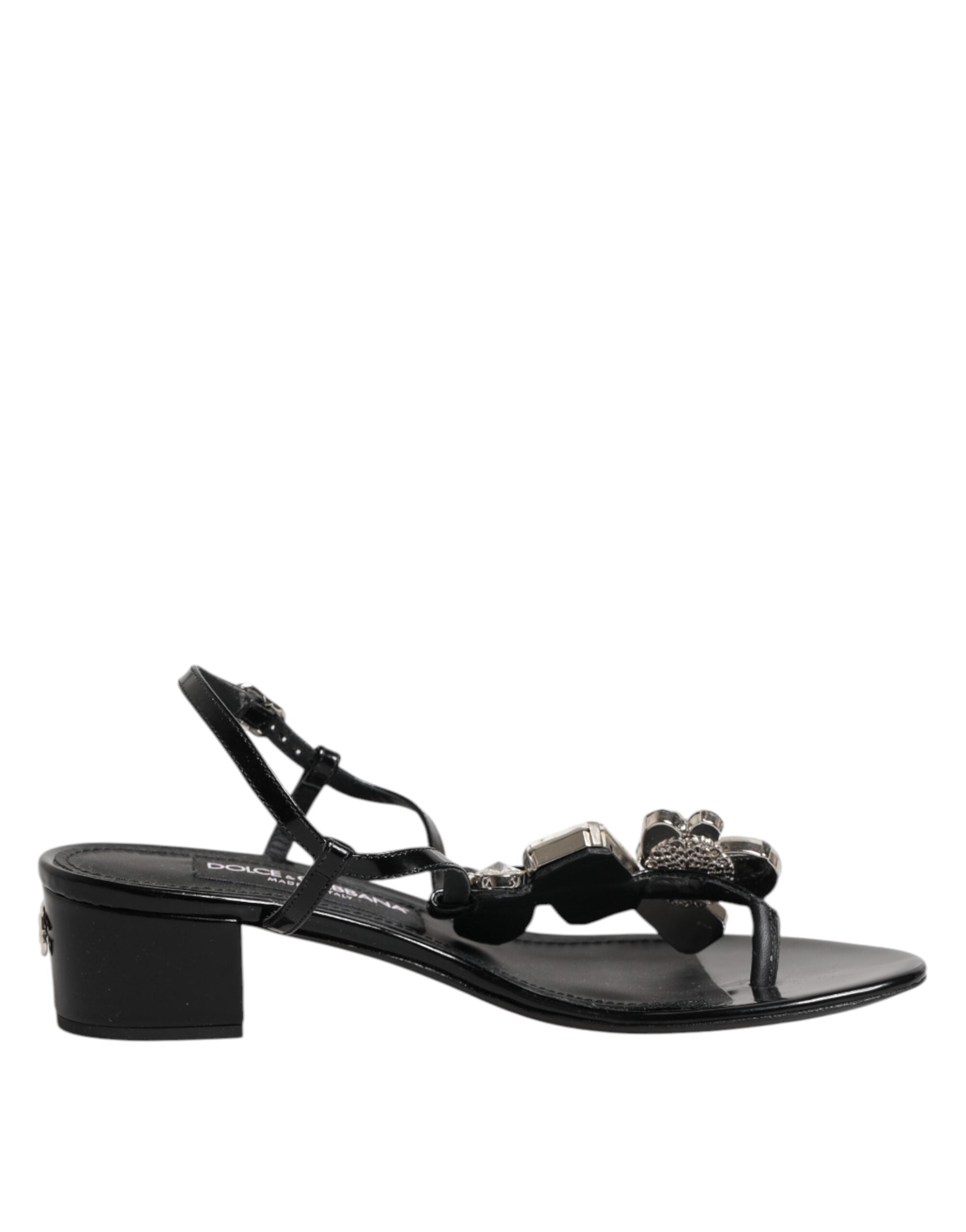 Dolce & Gabbana Schwarze Leder Kristall Fesselriemen Sandalen Schuhe