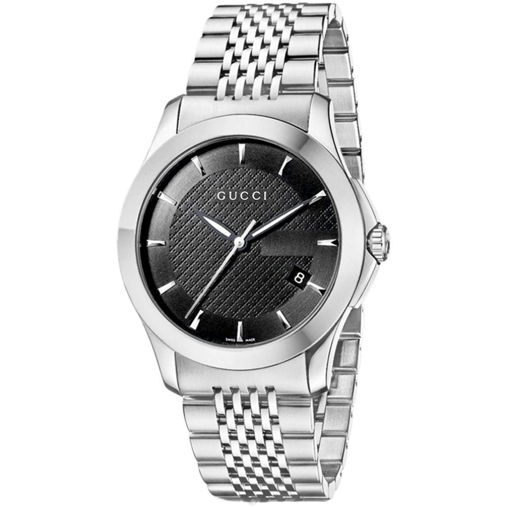Gucci G-Timeless YA126402 Herrenuhr mit schwarzem Zifferblatt und Silberarmband