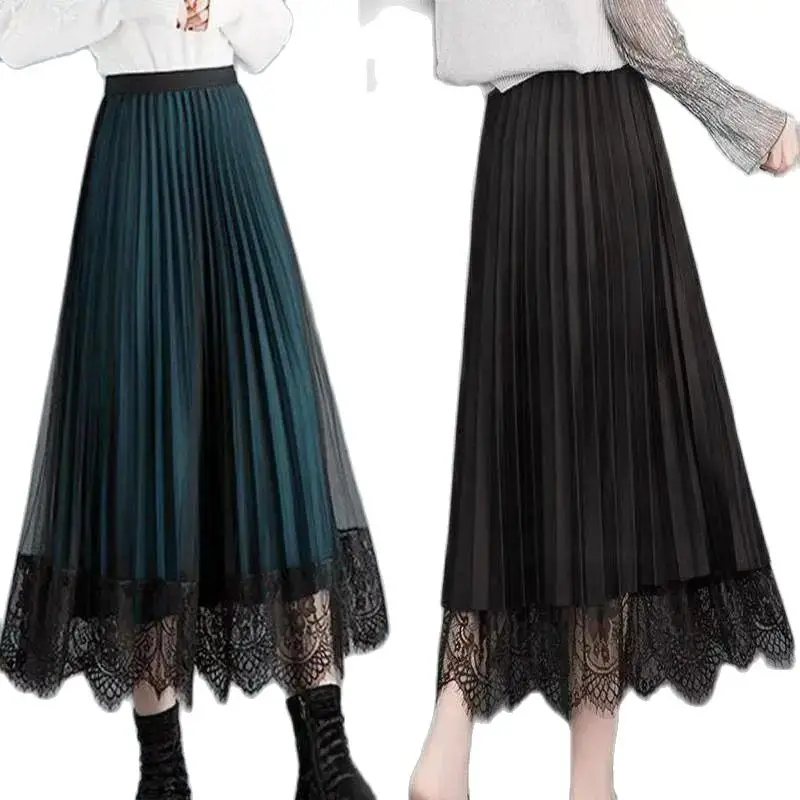 Gonna a due lati gonna a pieghe in pizzo a vita alta nuova moda donna primavera ed estate gonna lunga a rete gonna a trapezio verde Q4