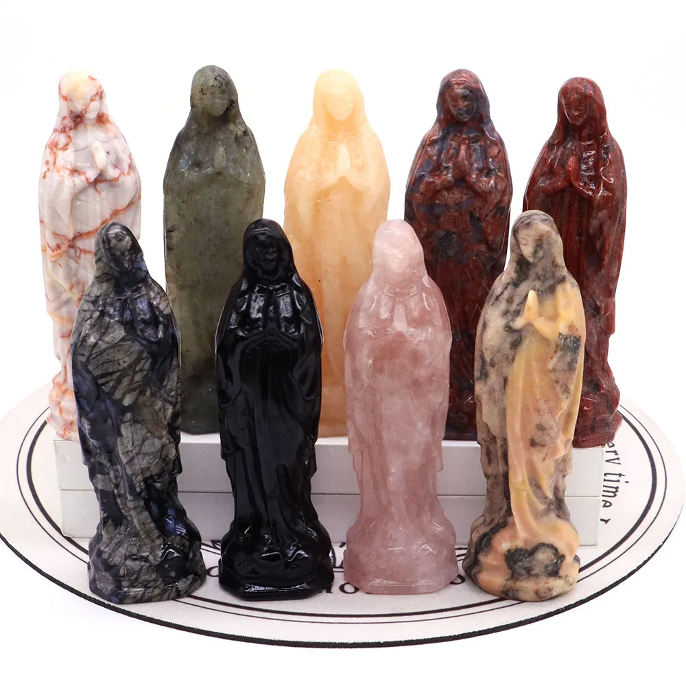 100mm fatto a mano europeo vergine maria preghiera statua pietra naturale guarigione gemma di cristallo scultura cattolica Madonna figurine Decor