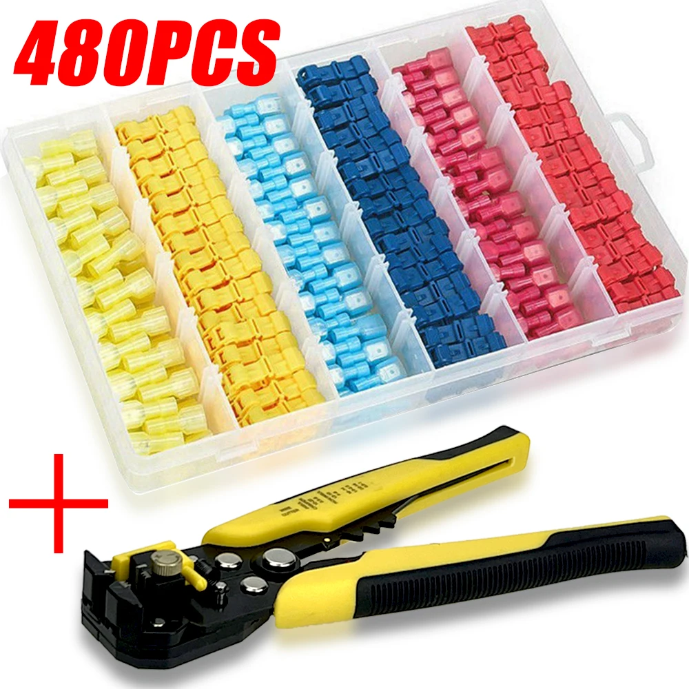 Kit di 60-480 Connettori a T per Cavi, Kit di Connettori Elettrici, Terminali a Forcella, Connettori Rapidi per Cavi (22-10 AWG)
