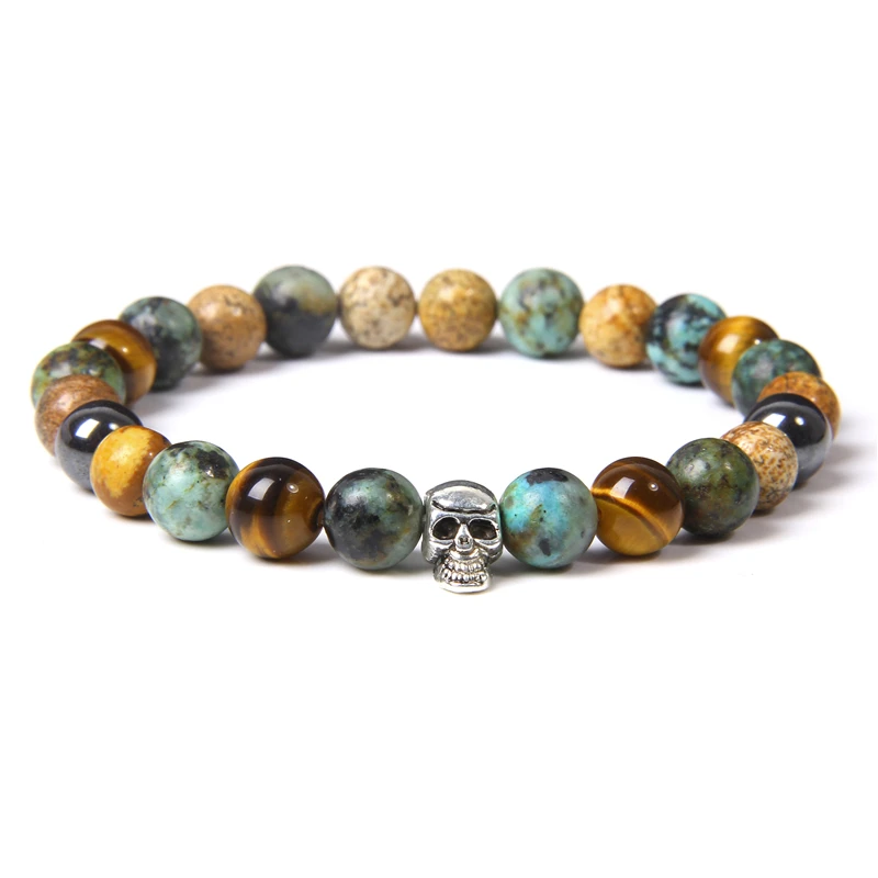 Braccialetti con teschio per uomo Donna Bracciale con occhio di tigre in pietra naturale Malachite Labradorite Perline da 8 mm Braccialetti elasticizzati Gioielli punk