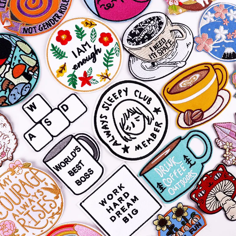 Toppe per tazze di caffè sui vestiti Applique per cartoni animati fai-da-te Toppe stanche sempre insolite Toppe ricamate con lettere per adesivi per abbigliamento