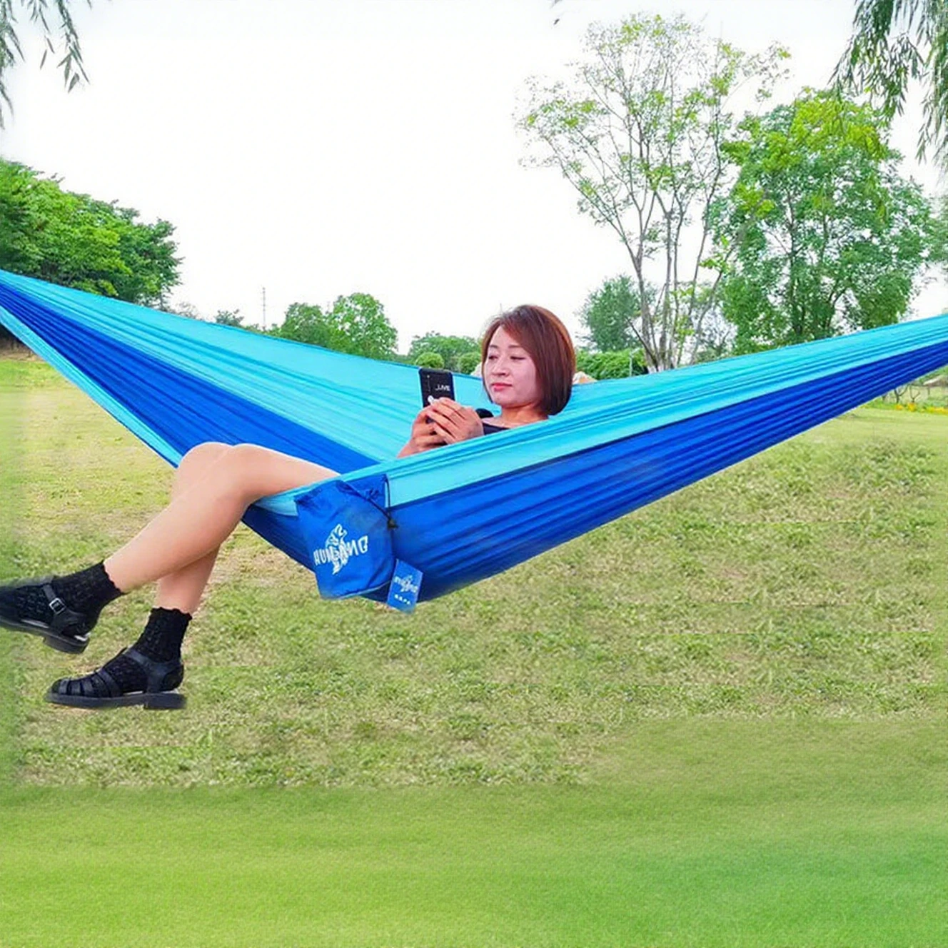 Hängematte aus Nylon, ultraleichtes Nylon, Seidenstoff, Fallschirmstoff, Farbblock, Einzel-/Doppelperson-Hängematte, Outdoor, Camping, 270 x 140 cm Image