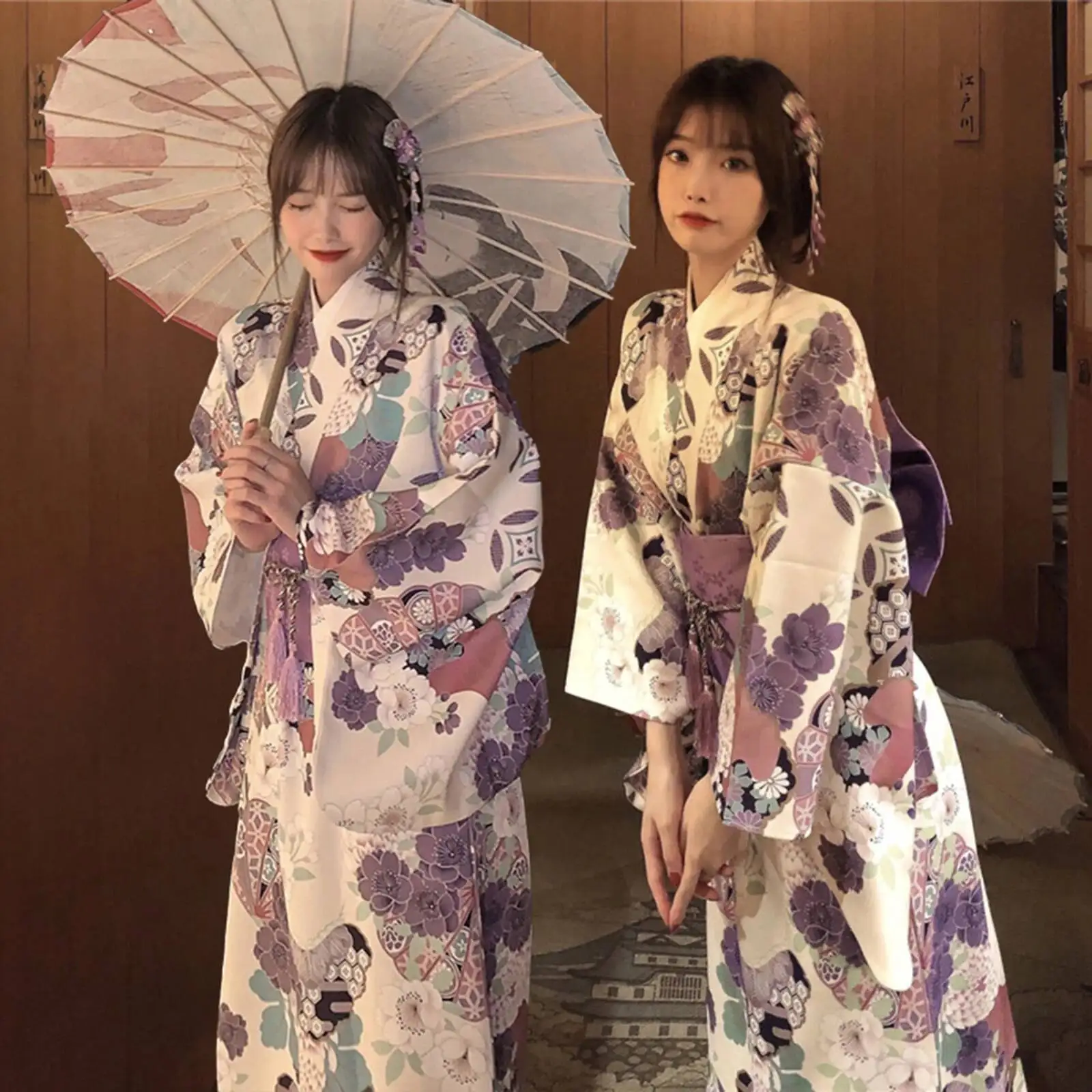 Japanischer Kimono für Damen, leicht, traditioneller Kimono, lange Robe, Yukata für Kostüm, Zuhause, Festival, Bühnenauftritt, Halloween Image