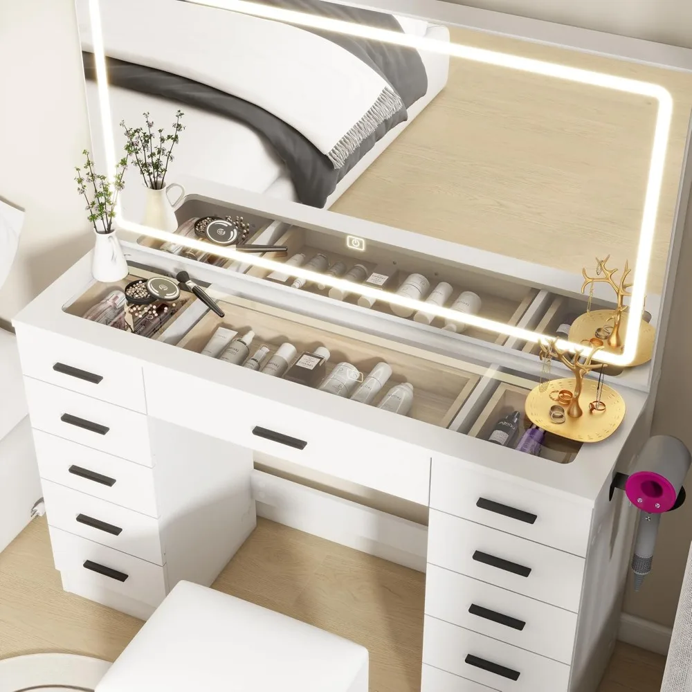 Schminktisch mit Glasplatte, Spiegel und LED-Leuchten, Schminktisch mit Hocker, 3 Beleuchtungsmodi, Helligkeit