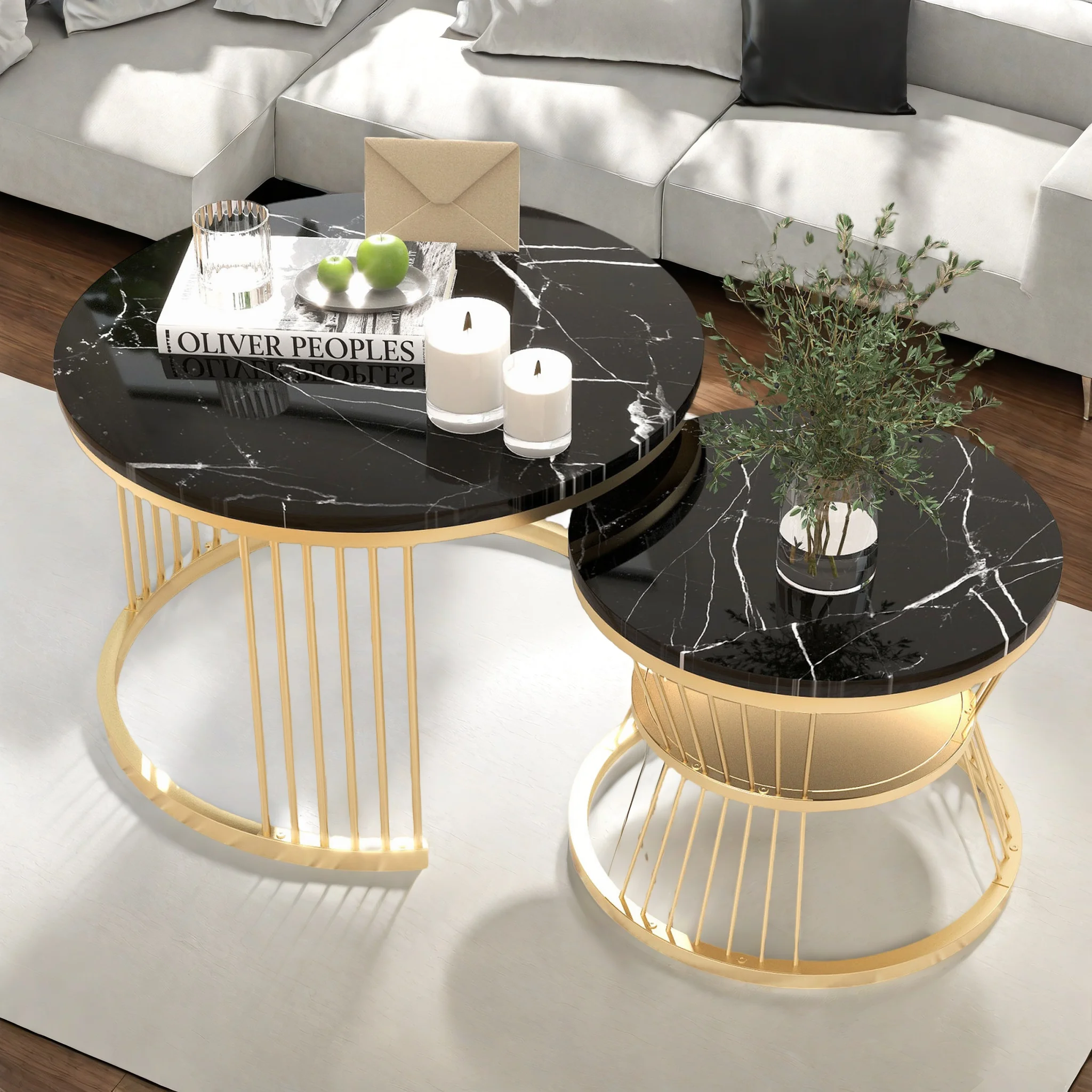 Anajqaqia Couchtisch, 2er-Set, moderner ineinander steckbarer Couchtisch, Wohnzimmertisch, Sofatisch, Metallgestell, rund, schwarz