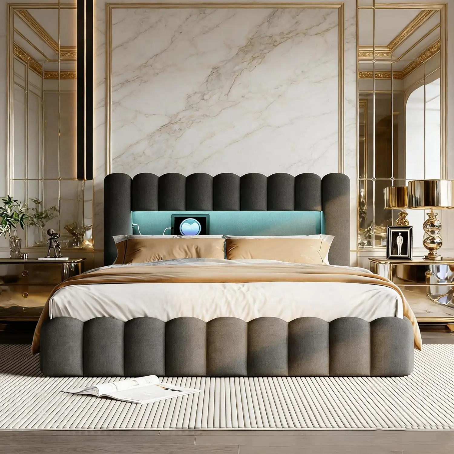 Rosahqnda Polsterbett, 140x200 cm, Bubble-Bett mit hydraulischem Stauraum, USB-Ladefunktion und LED-Beleuchtung, Doppelbett Image