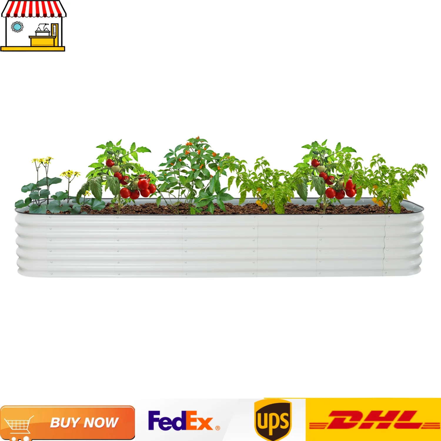 Verzinktes Hochbeet für den Garten | 285*60*43cm Land Guard aus Stahl | Weiße freistehende Gartenboxen aus Metall mit Pflanzgefäß Image