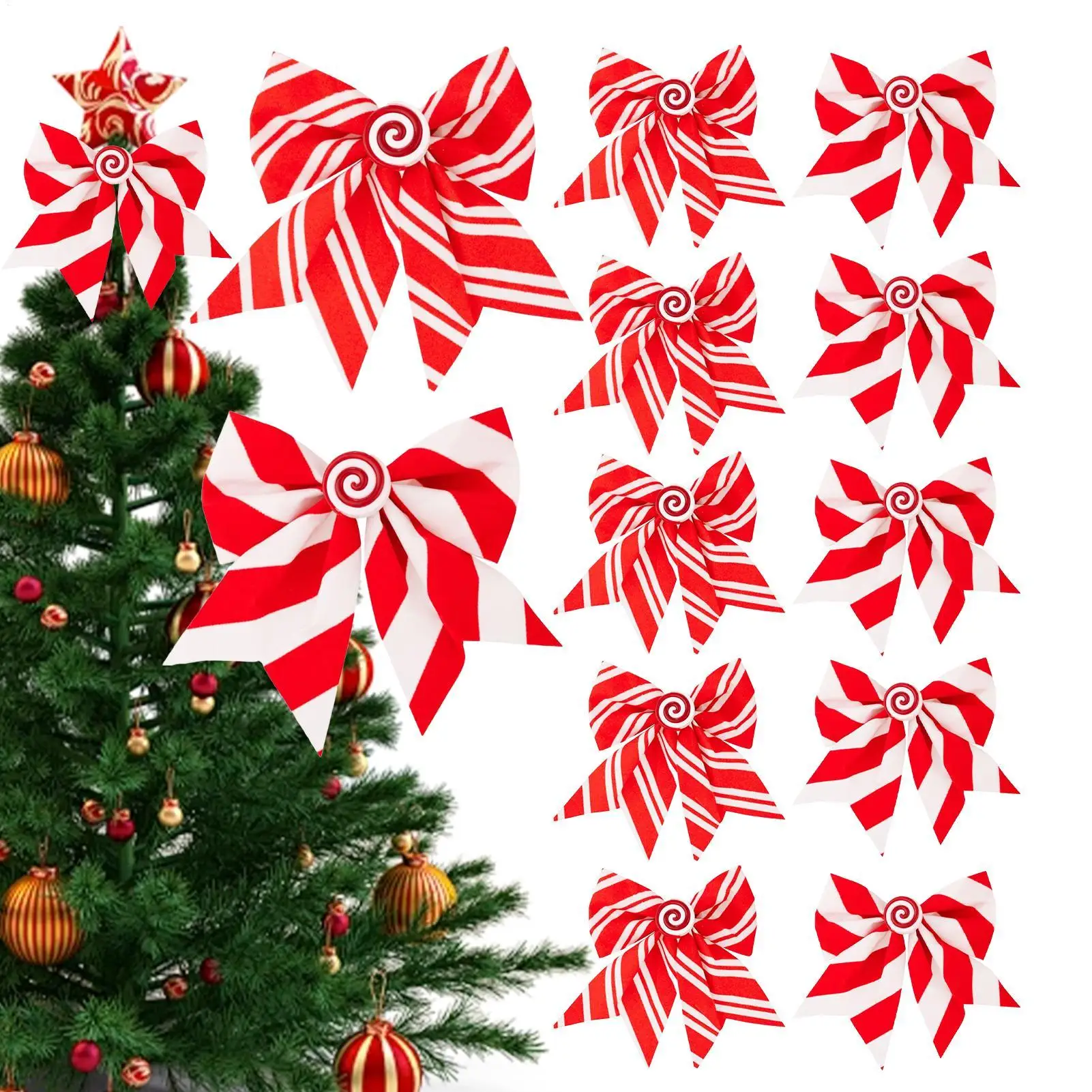 Bögen, 12 Stück, Weihnachtsdekorationszubehör, rot und weiß gestreifte Schleife, Süßigkeiten, Schwamm, Schleife, Anhänger, Weihnachten, Weihnachtsbaumdekoration Image
