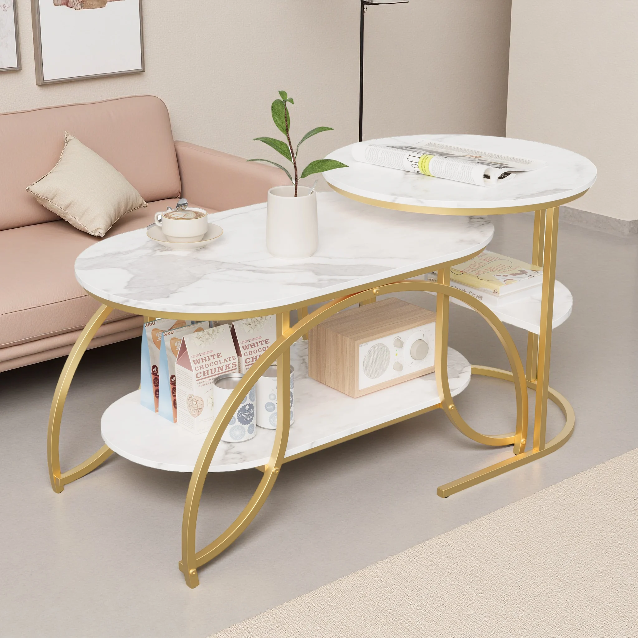 Superaly 2-teiliges Set ovaler Couchtisch, Teetisch mit Marmorstruktur, Sofa-Beistelltisch, kann in zwei kleine Tische aufgeteilt werden Image