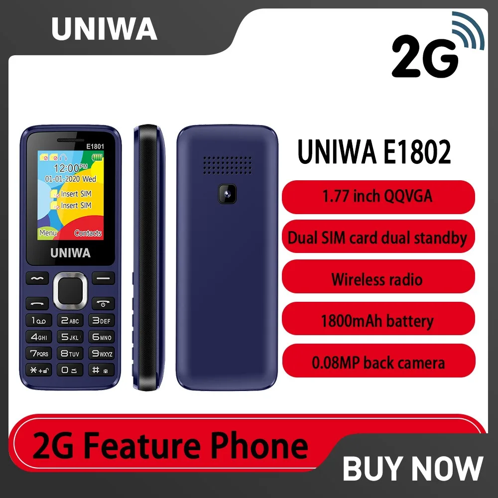 UNIWA E1801 2G Mini GSM Funktion Telefon 1,77 Zoll 1800 mAh Telefon Dual SIM Karte Dual Standby Bluetooth für ältere Mann Wireless FM