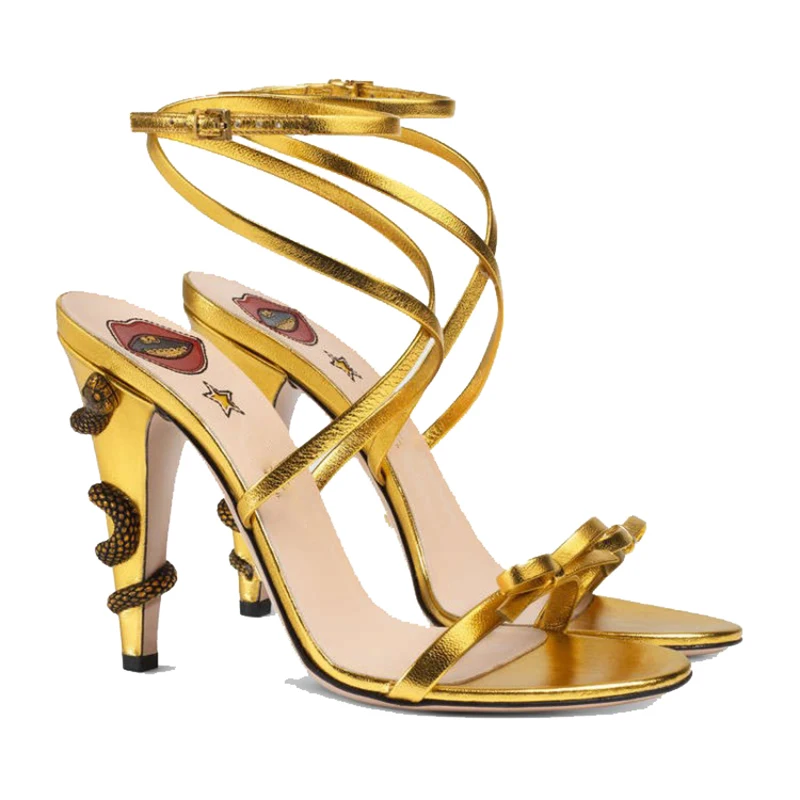 Neue Goldene Kleine Schlange Sandalen Marke Laufsteg Frauen Spike High Heels Schwarz Grün Sommer Party Sexy Modische Weibliche Schuhe