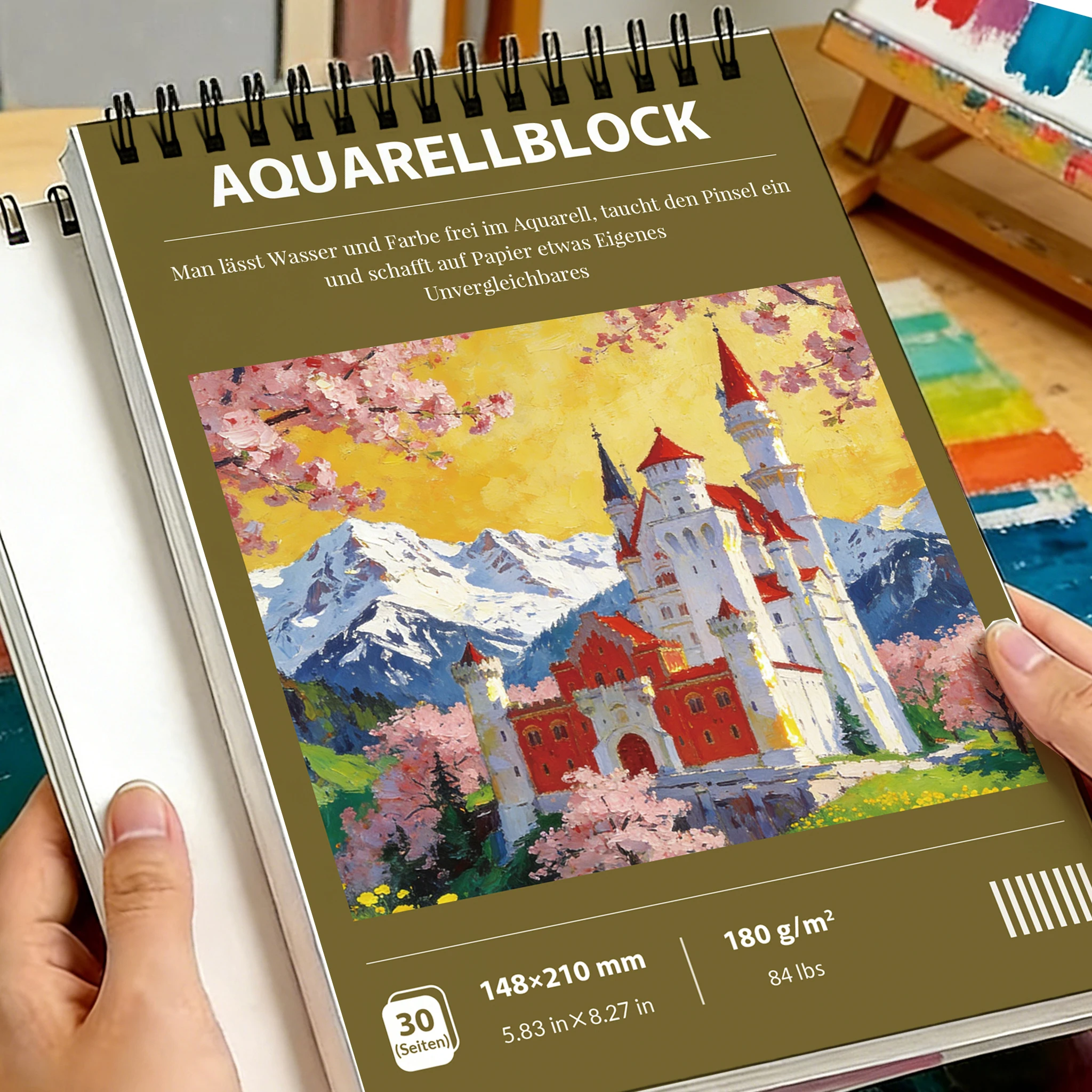 A4 Spiral-Aquarellblock 180g/m², Neuschwanstein Schloss Kirschblüten-Einband, 30 Blatt säurefreies Kunstskizzenbuch für den Schulanfang Image