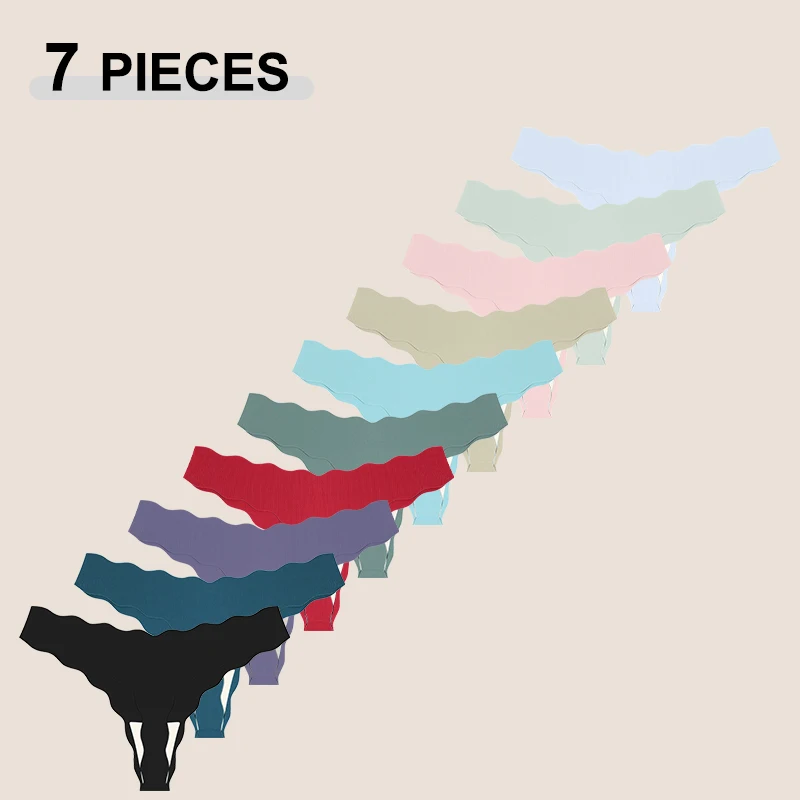 7-teiliges Set Nahtlose Eisseide T-Back Unterwäsche Sexy Niedrige Taille Wellenrand G-String Höschen Einfarbige Atmungsaktive Damen-Tangas S-XL Image