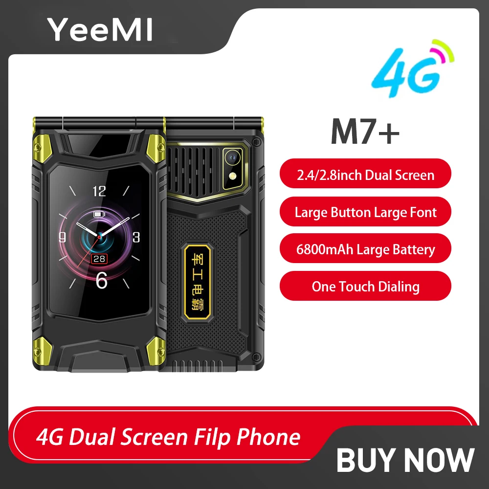 YeeMI M7+ 4G Robustes Telefon mit großer Taste, Vollband-Flip-Telefon, Dual-SIM-Dual-Screen, 6800 mAh, großes Akku-Handy für alte Männer
