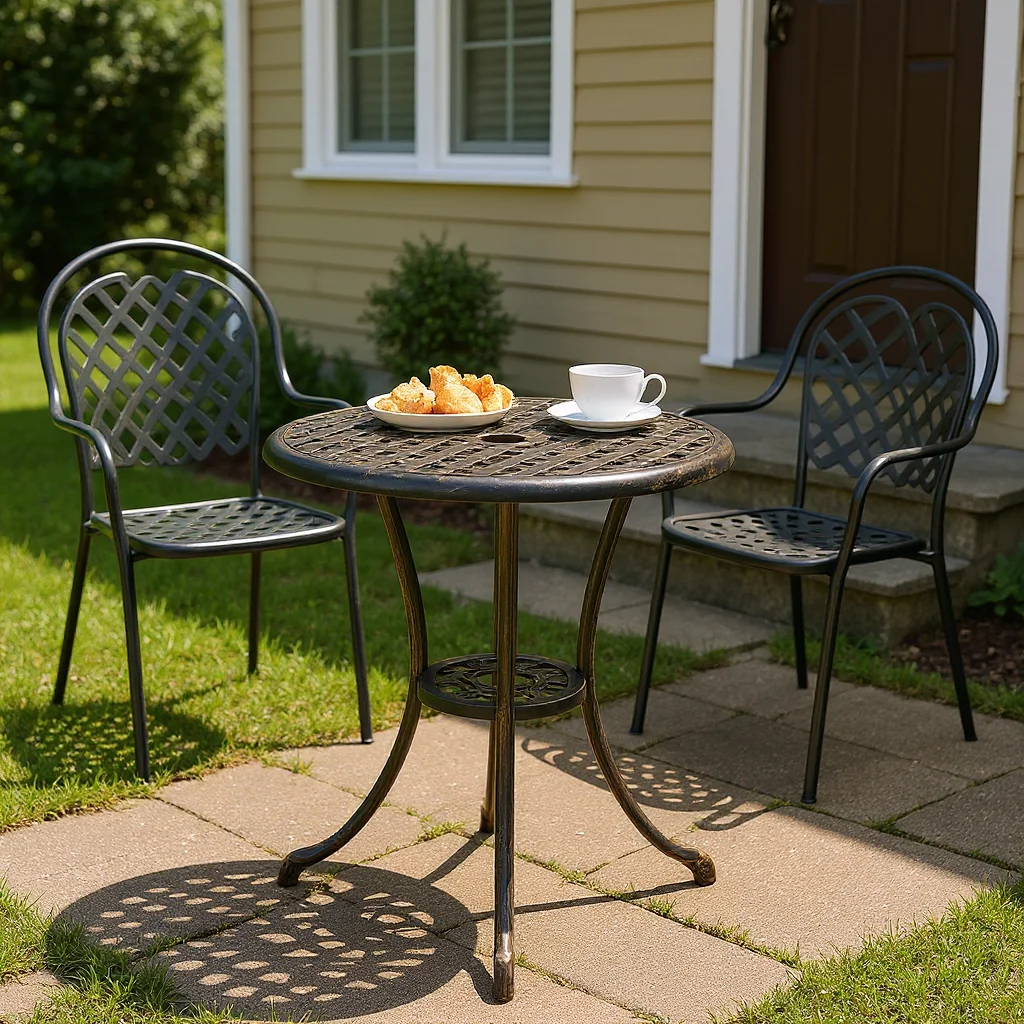 23,6-Zoll-Terrassen-Esstisch, Bistrotisch aus Bronzgussaluminium mit Schirmloch für den Außenbereich, Deck, Hinterhof, Garten, Balkon Image