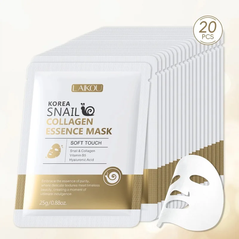 LAIKOU Korea Snail Collagen Essence Mask Feuchtigkeitsspendende Blattmaske Anti-Falten-Gesichtsmaske Straffende Hautpflege 25 g * 20 Stück Image