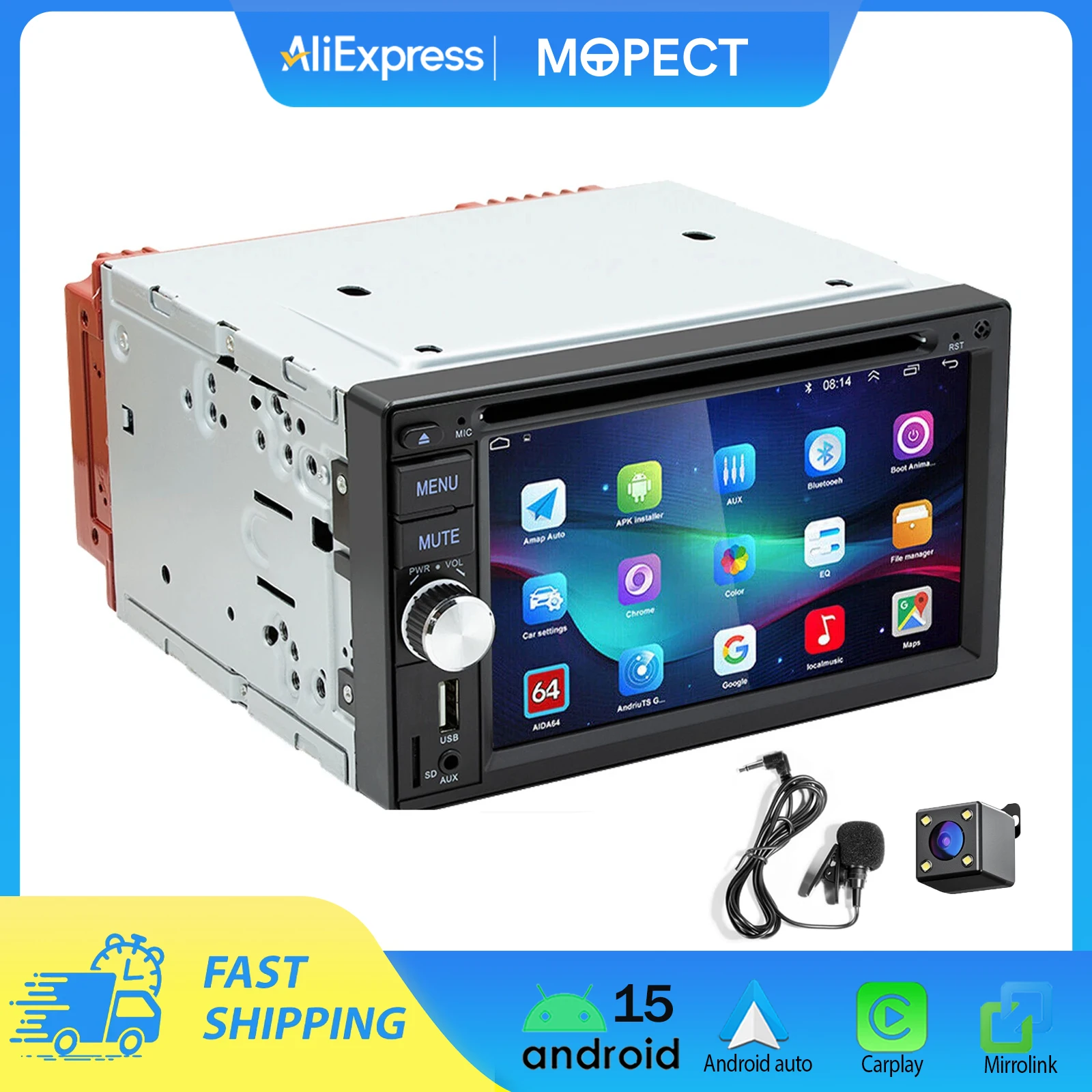MOPECT 6,2 Zoll Kabelloses Carplay Android Auto Doppel-DIN Autoradio CD-DVD-Player AUX FM Bluetooth USB MP5 Mirror Link Image