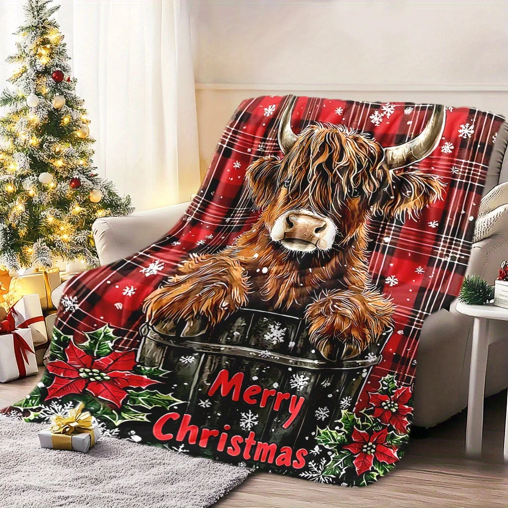 1-teilige weiche, warme Weihnachts-Flanelldecke mit Highland-Kuh und Schneeflocke, gemütliches, festliches Geschenk für Familien, Reisen, Büro, Dekoration Image