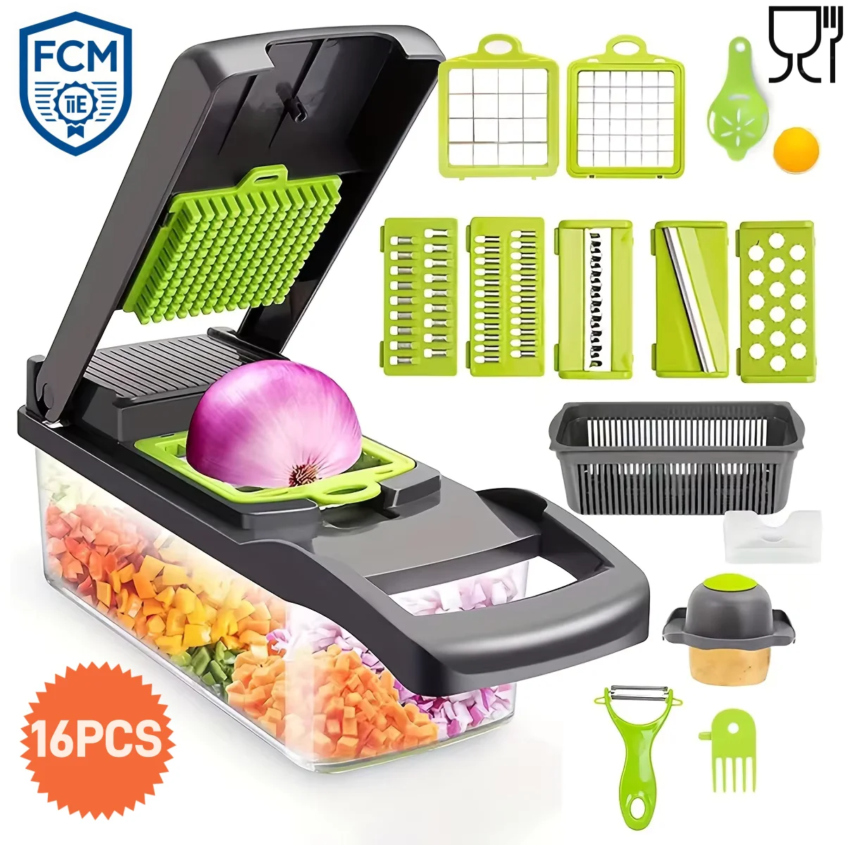 Neuer Multifunktionaler 16-in-1 Gemüseschneider mit Behälter, Zwiebelschneider für Gemüse, Obst, Salat, Küchenhelfer Image