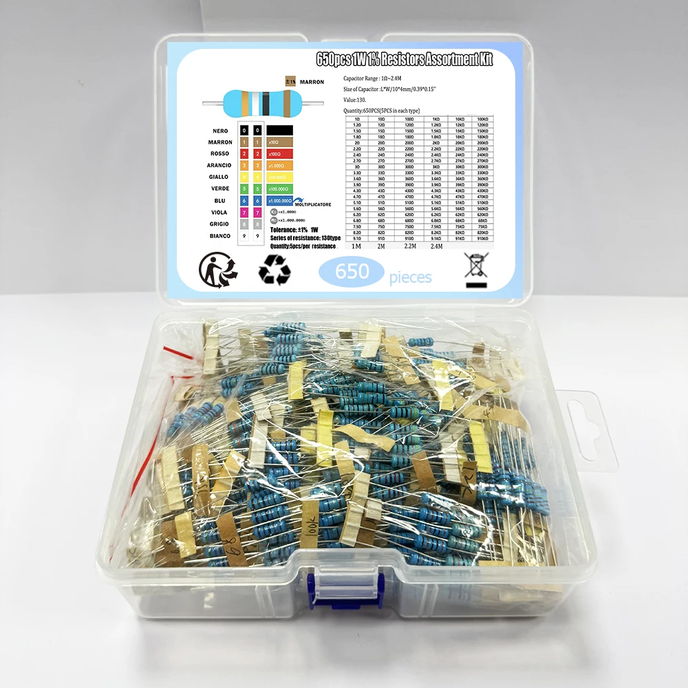 650 Stück 1 W 1 % 1R-2,4 M 130 Werte x 5-teiliges Metallschichtwiderstands-Set Image