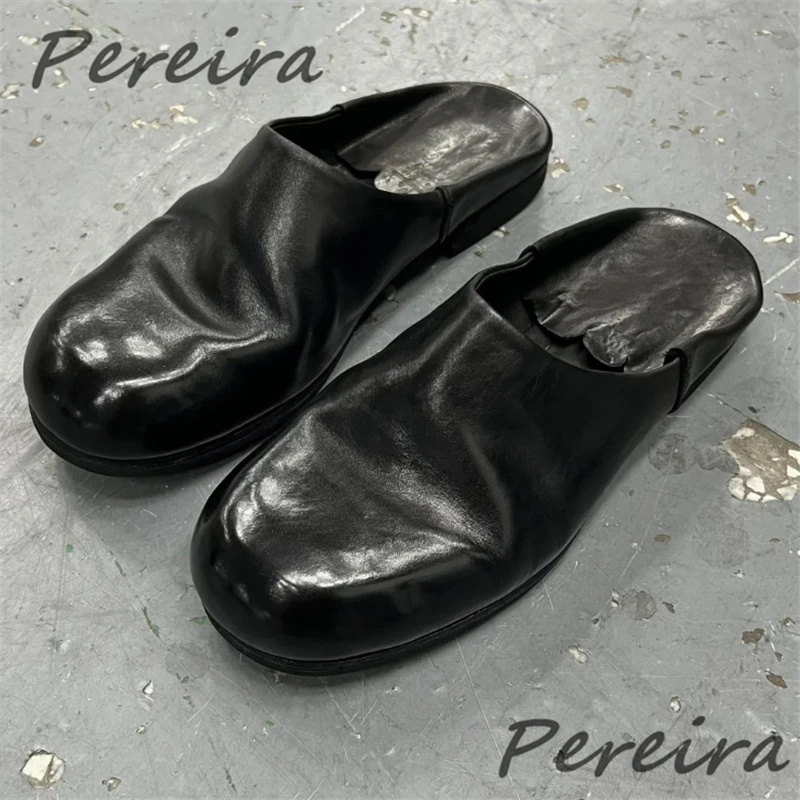 Retro Plissee Schwarz Leder Halbe Hausschuhe für Männer Frauen Trend Dicke Sohlen Große Runde Zehe Slip-On Pantoletten Sommer paar Casual Schuhe Image