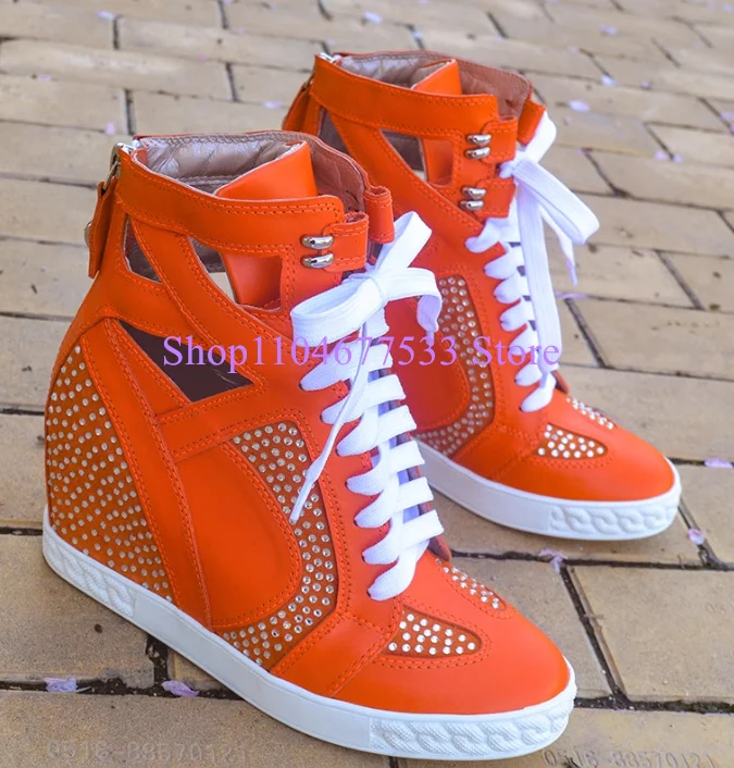 Gelbe Farbe Leder Kristall Dame Stiefeletten Mode Aushöhlen Zunehmende Ferse Frau Plattform Schuhe Weibliche Keil Casual Schuhe