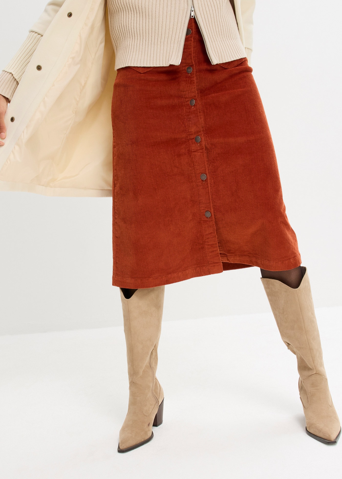 Cordrock BONPRIX, Damen, Gr. 46, braun (rostbraun), Cord, Obermaterial: 98% Baumwolle, 2% Elasthan, unifarben, A-Linie ca. Mitte Wade, Röcke, mit Stretch, mit durchgehender Knopfleiste, mit Gürtelschlaufen Image
