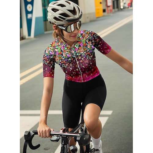 Damen Radtrikot Grafik Farbverlauf Blumenmuster Kurzarm Fahhrad Trikot Oberteil mit 3 Gesäßtaschen Sonnenschutz UV-beständig Schnelltrocknend Reflektierende Streifen Sport Rosa Purpur Grün Bekleidung Image