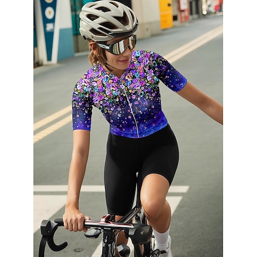 Damen Radtrikot Grafik Farbverlauf Blumenmuster Kurzarm Fahhrad Trikot Oberteil mit 3 Gesäßtaschen Sonnenschutz UV-beständig Schnelltrocknend Reflektierende Streifen Sport Rosa Purpur Grün Bekleidung Image