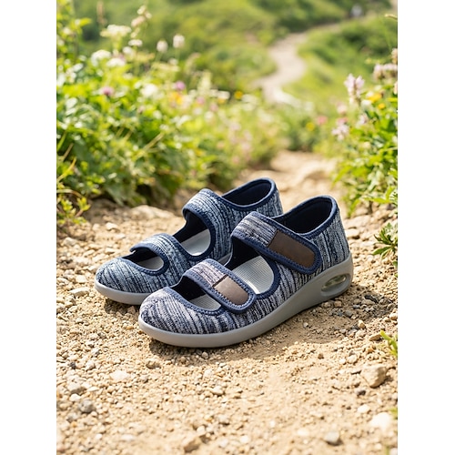 Damen Lässig Täglich Innen Flacher Absatz Runde Zehe Sportlich Lässig Komfort Netz Klettverschluß Schwarz Blau Grau Image