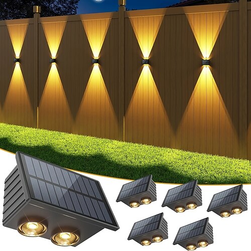 4 Stück Solar-Wandleuchten für den Außenbereich, wasserdicht nach IP65, bis zu Zweistrahl-LED-Lampen mit 8 Modi und RGB-Dreifarbenbeleuchtung für Zaun, Treppen, Stufen, Garten, Hof, Veranda und als