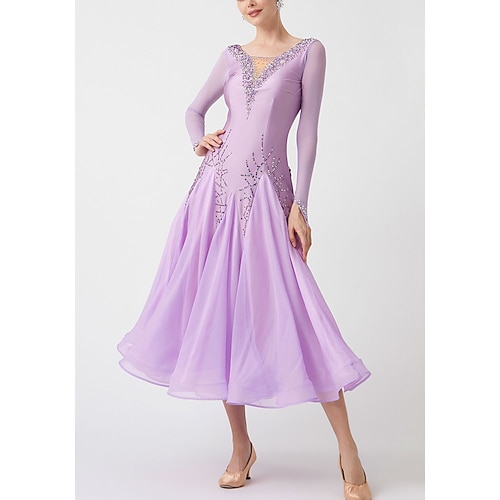 Gesellschaftstanz Kleid Strass Falten Spleißen Damen Party Training Leistung Langarm Hoch Spandex Polyester Image