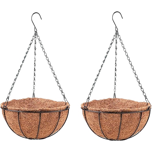 Hängende Pflanzgefäße für Gartenpflanzen (2er-Pack, 30 cm), Hängekörbe mit Kokosfasereinsatz, runde Pflanzenhalter aus Metalldraht mit Hakenkette für Terrasse, Veranda, Garten, Balkon, Landhausstil Image