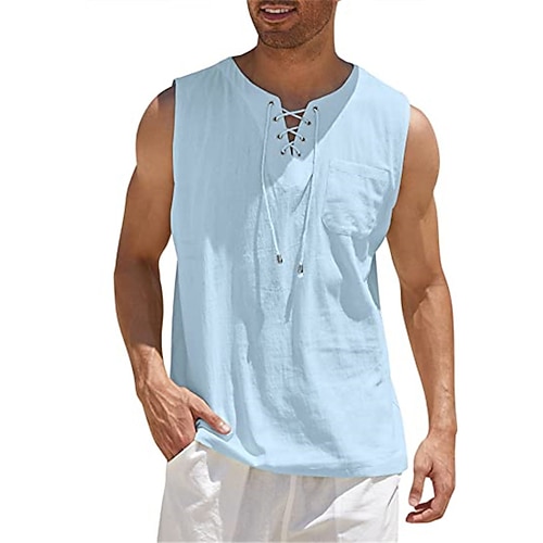 Herren Weißes Baumwollhemd Sommerhemd Freizeithemd Strandhemd Baumwoll-Leinen-Hemd Einfach Outdoor Urlaub Schwarz Weiß Wein Braun Ärmellos V Ausschnitt Sommer Bekleidung Schnürung Image