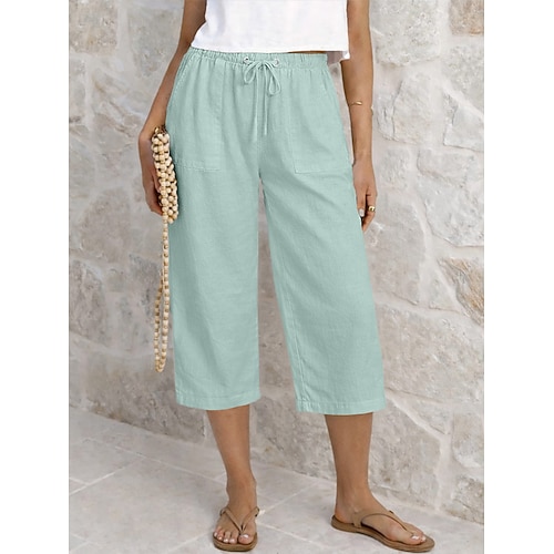 Damen Caprihose Sommershorts Abgeschnittene Hose Caprihose aus Leinen Mode Basic Wadenlang Mittlere Taillenlinie Einfach Kordelzug Tasche Elastischer Bund Leicht Atmungsaktiv Unelastisch Urlaub Image