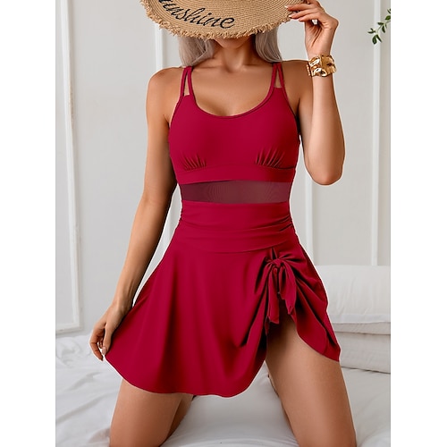 Damen Badeanzug Einteiler Monokini Badeanzugkleid Bademode Patchwork Netz Schlank Rückenfrei Elegant Urlaub Einfarbig Rundausschnitt Ärmellos Badeanzüge Image