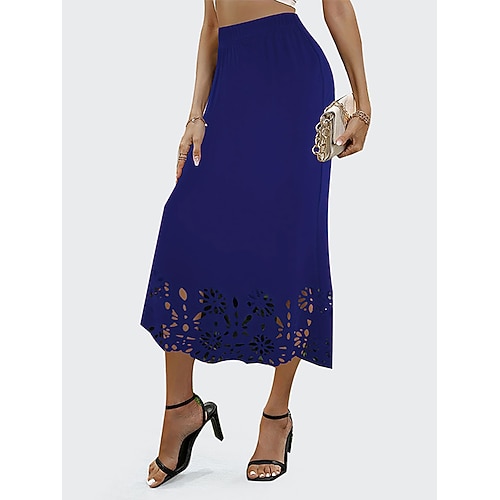 Damen Spitzenrock Elegant Mode Lässig Midi Mittlere Hüfthöhe Röcke Einfach Spitze Loch Dehnbar Täglich Urlaub Schwarz Wein Dunkelgrün Khaki Sommer Image
