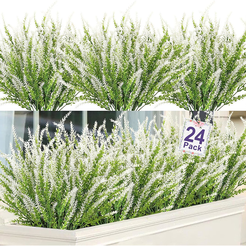 24 Bundles Artificial Lavender Fake Flowers Faux Plastic Plants for Home Wedding Kitchen Garden Patio Window Box Office Table Centerpieces Indoor Outdoor Decor