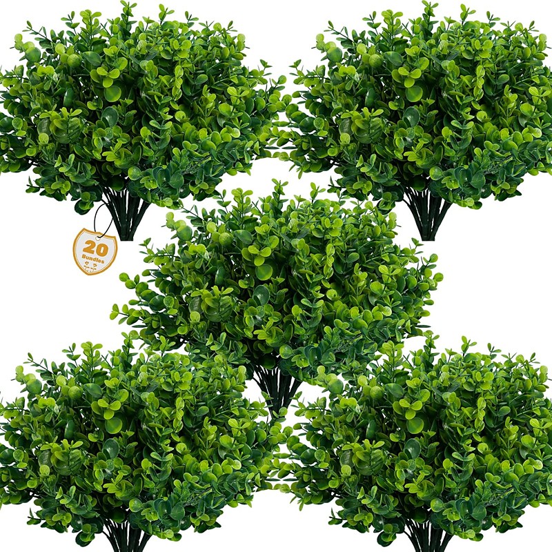 20 Bundles Artificial Greenery Plants Outdoor UV Resistant Fake Plants Boxwood Shrubs Grass for Farmhouse Home Garden Office Patio Backyard Wedding and Indoor Outdoor Decoration