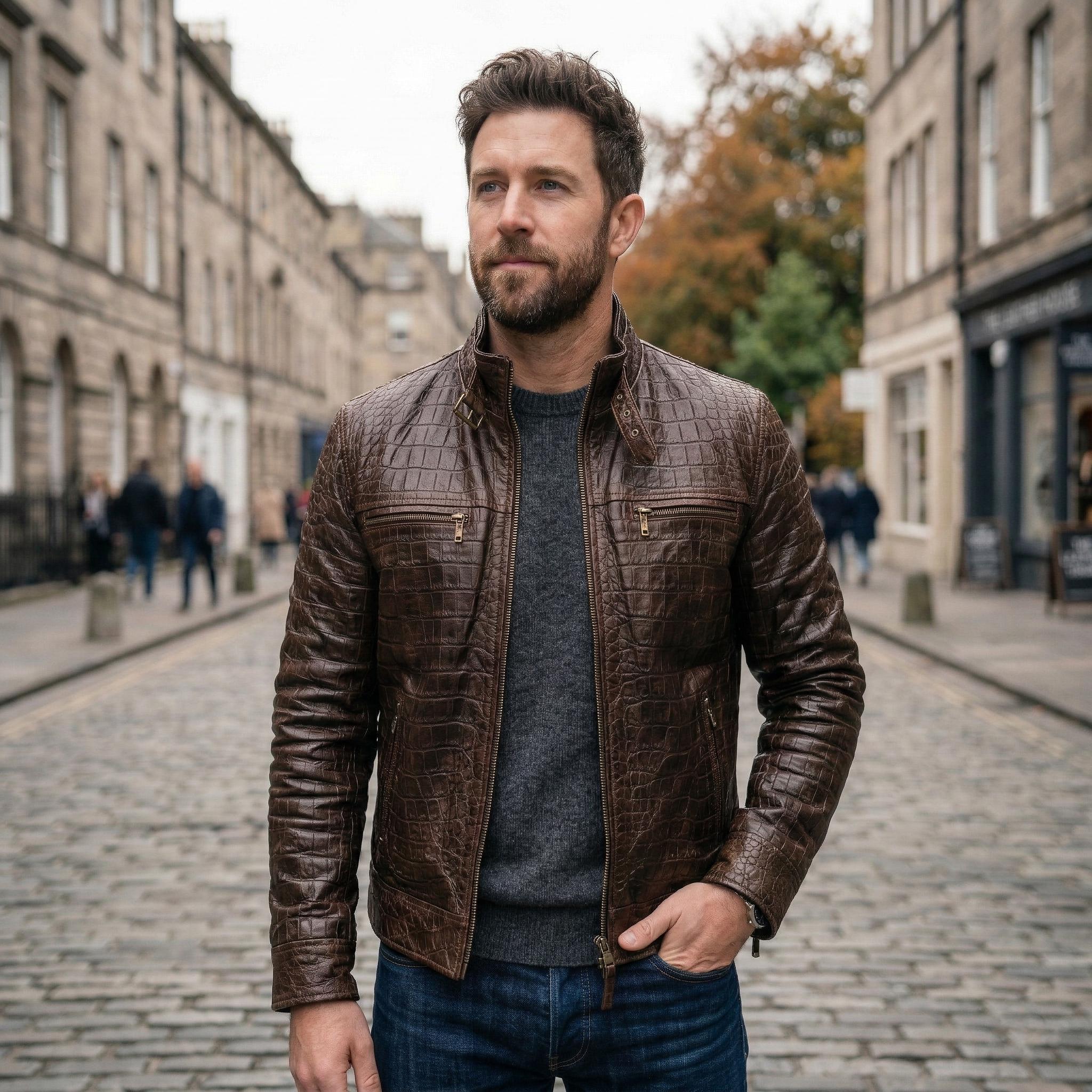 Giacca da uomo in vera pelle, cappotto da motociclista marrone con texture coccodrillo, giacca da motociclista in pelle goffrata di lusso, bomber in v