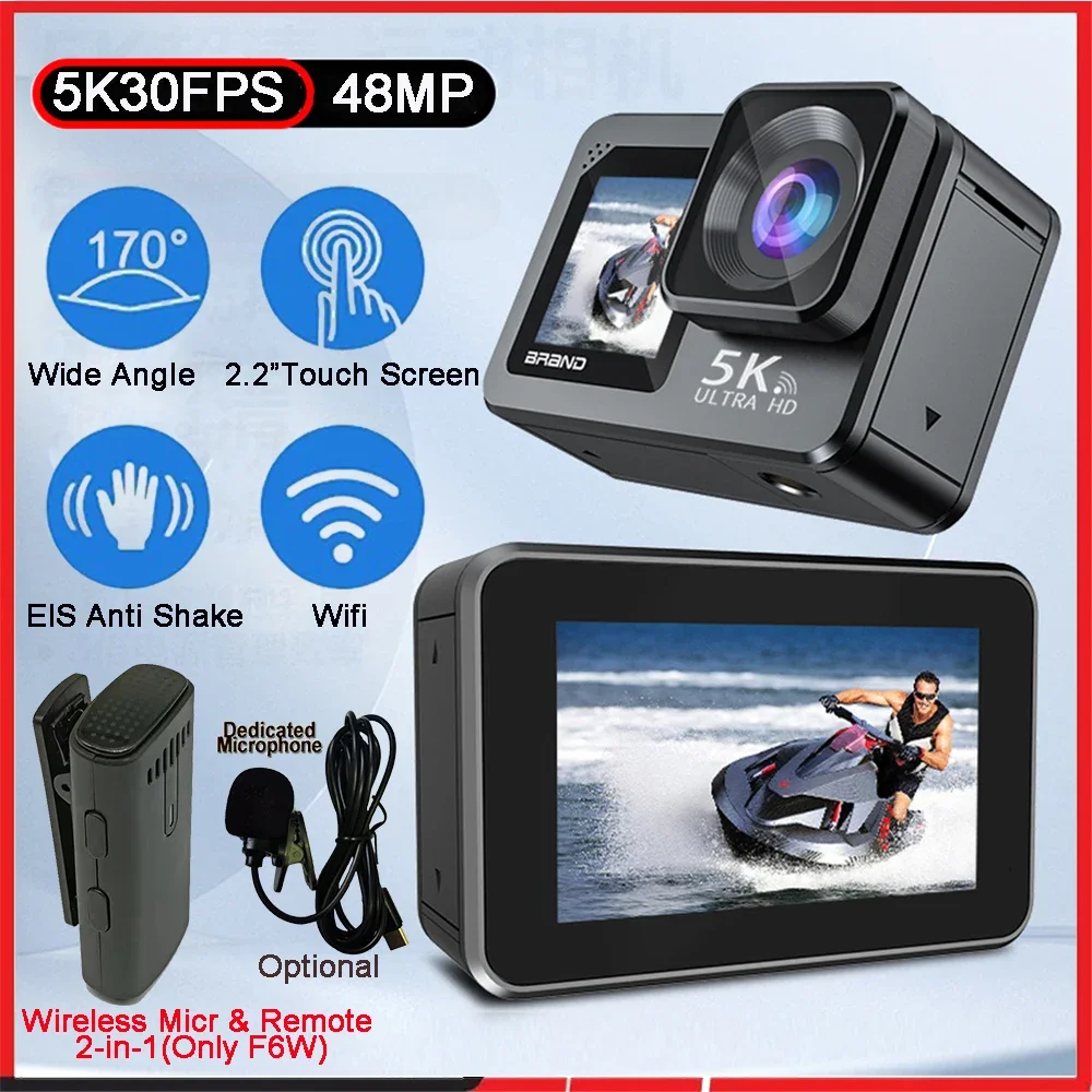 Action Camera F6W Microfono wireless 5K 4K60FPS 48MP 2.2 "Touch LCD EIS Doppio schermo Wi-Fi 170D Impermeabile 30M 8X Zoom Fotocamera sportiva