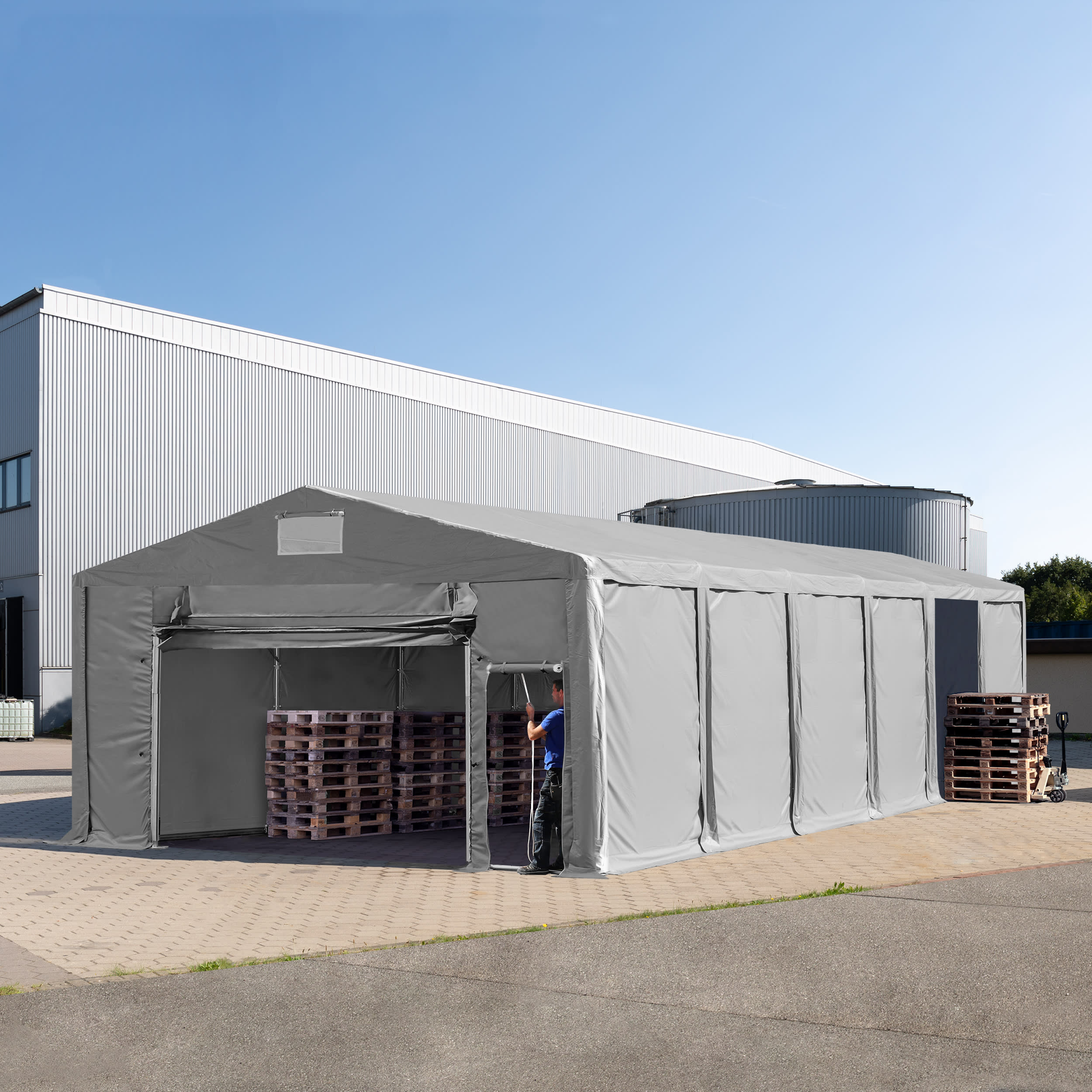 8x16 m Lagerzelt, PVC-Plane, grau, mit Bodenrahmen, ohne Statik - (94243) Image