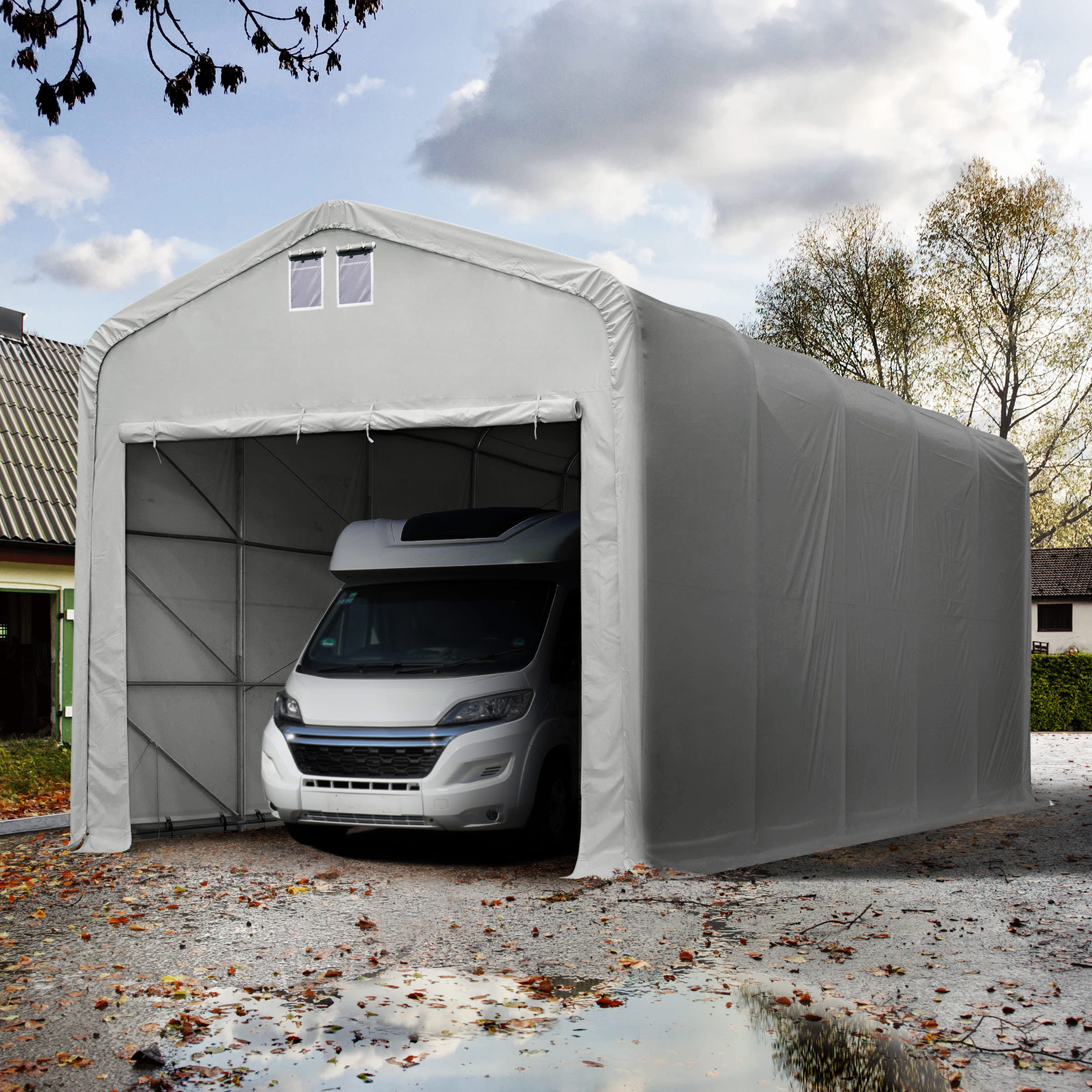 5x10m Zeltgarage, PRIMEtex-Plane, grau, mit Statik (Erduntergrund) - (99424) Image
