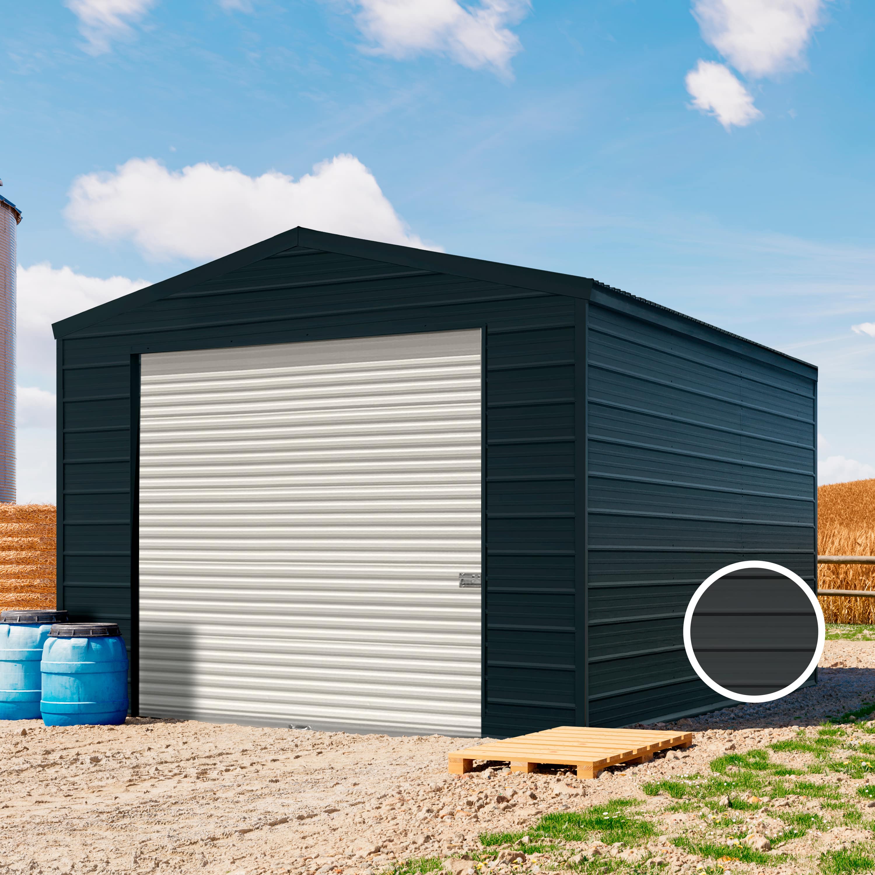 4,05 x 4,4 m ARGO, Stahldach, Leichtbauhalle, Trapezblechverkleidung, Anthrazit, mit Statik (Betonuntergrund), ohne Setangebot - (KROV00008) Image