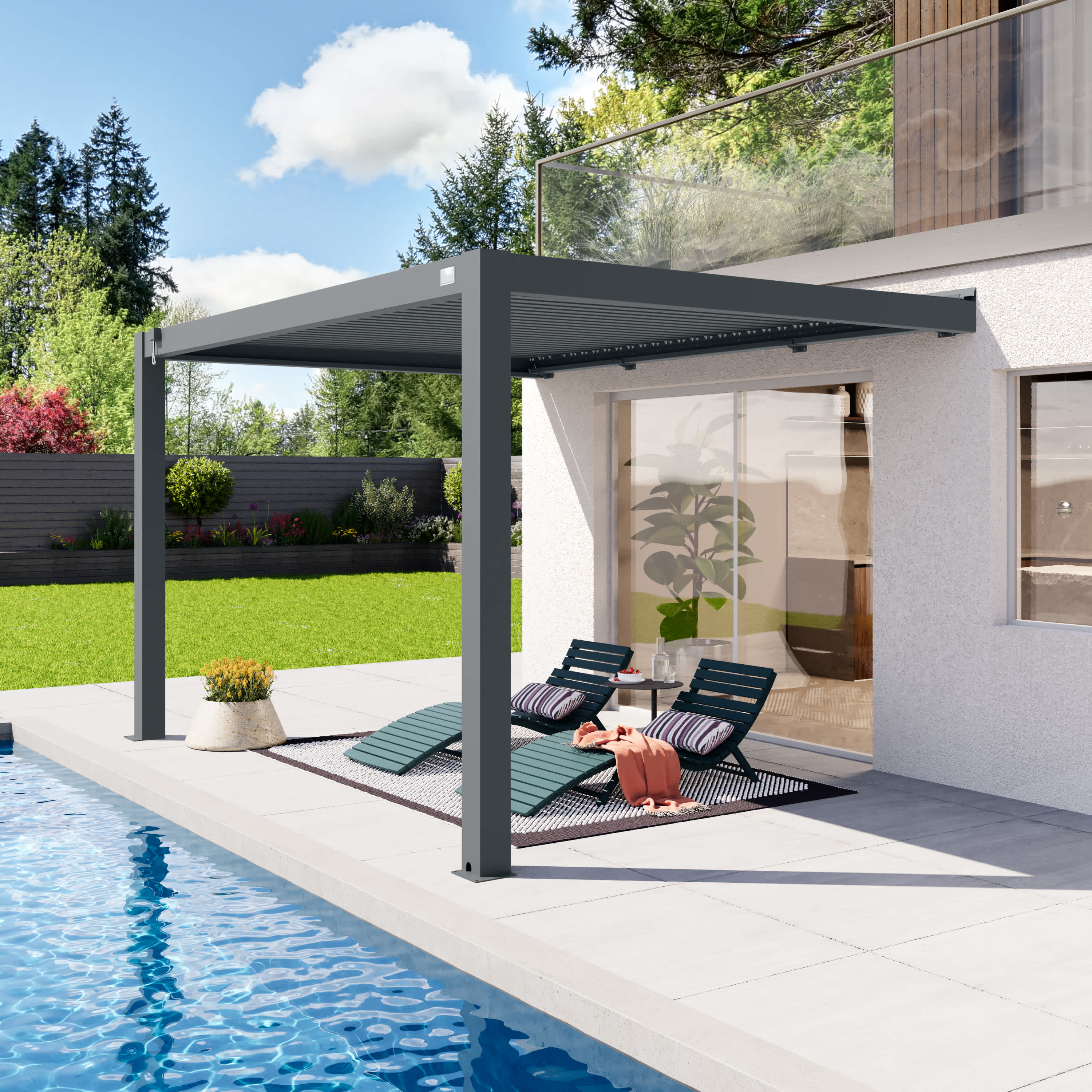 3x4 Anbaupergola in Anthrazit, mit Lamellendach in anthrazit - (400141) Image